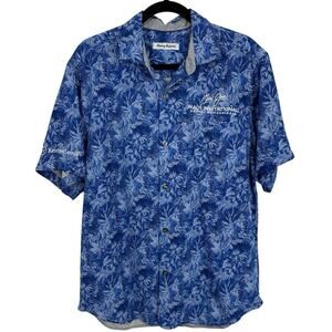 Tommy Bahama Maui Jim Hawaiian Shirt size Medium Blue Floral Short Sleeves Logo